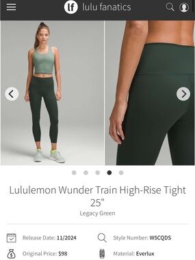 Lululemon Wunder Train HR 25” tight sz 10 Legacy Green